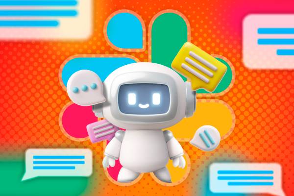 Slack logo with a robot and speech bubbles in front.