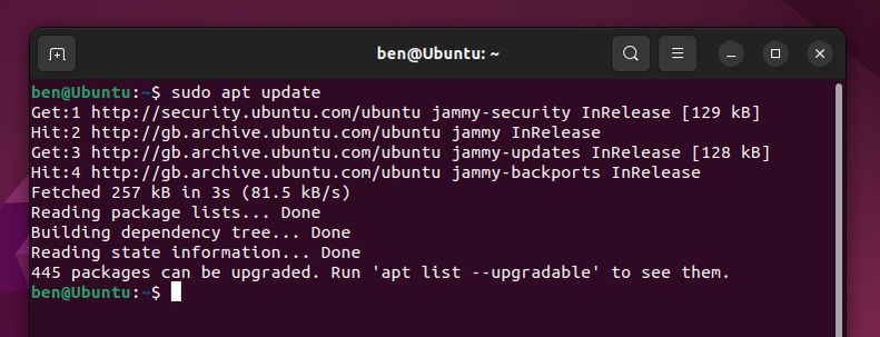 Вводим sudo apt update в терминале Ubuntu и нажимаем Enter — список пакетов обновляется.