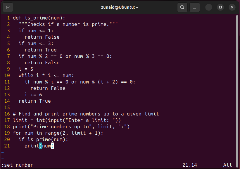 El texto en Vim se muestra junto con los números de línea.