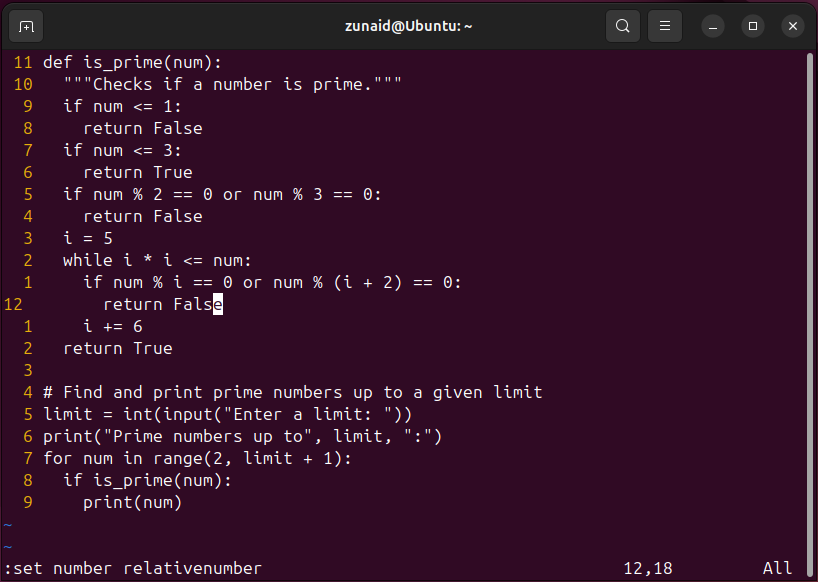 Texto en Vim mostrado en un esquema de numeración híbrido.