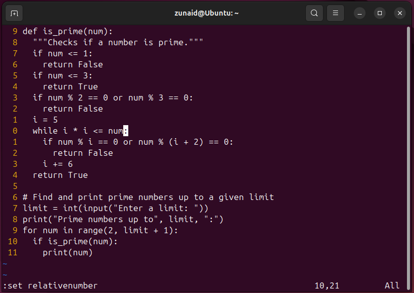 El texto en Vim se muestra en un esquema de números relativos.