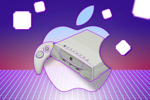 The Apple Pippin set against a retro gaming background.