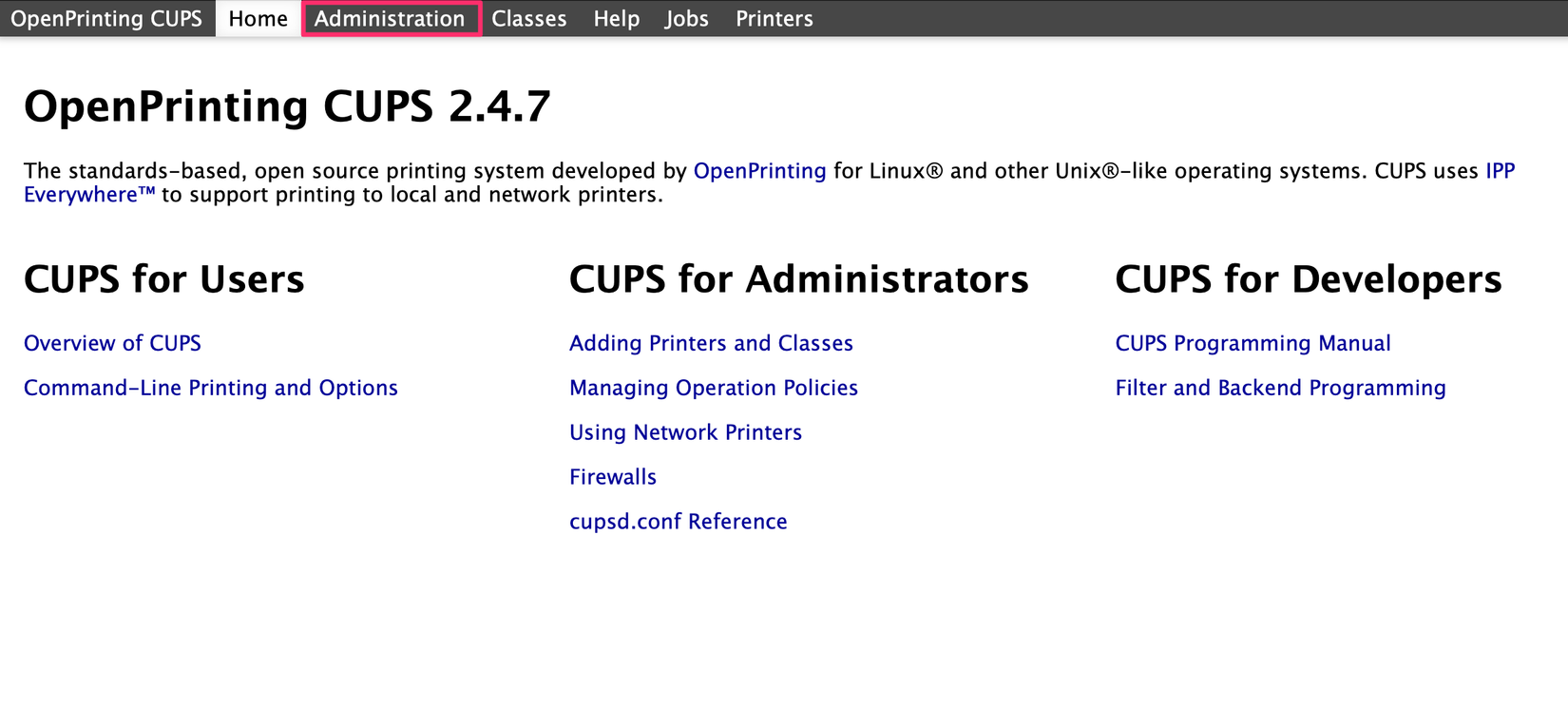 CUPSウェブインターフェースのホーム画面