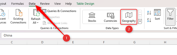 The Data tab in Excel, with the Charts button highlighted.