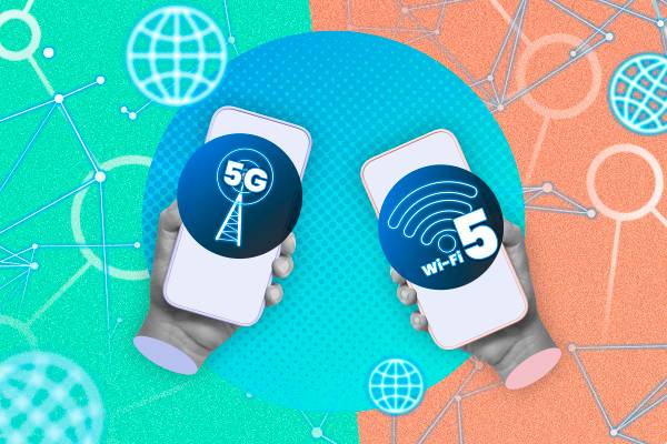 Two hands holding phones, one displaying a 5G image and the other showing a Wi-Fi 5 image.