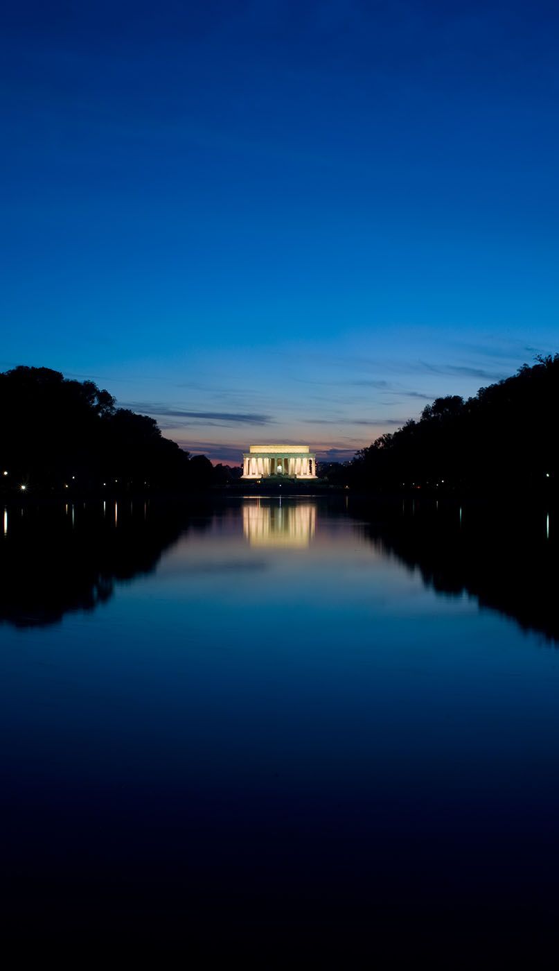 DC's Reflecting Pool in the blue hour before sunrise.