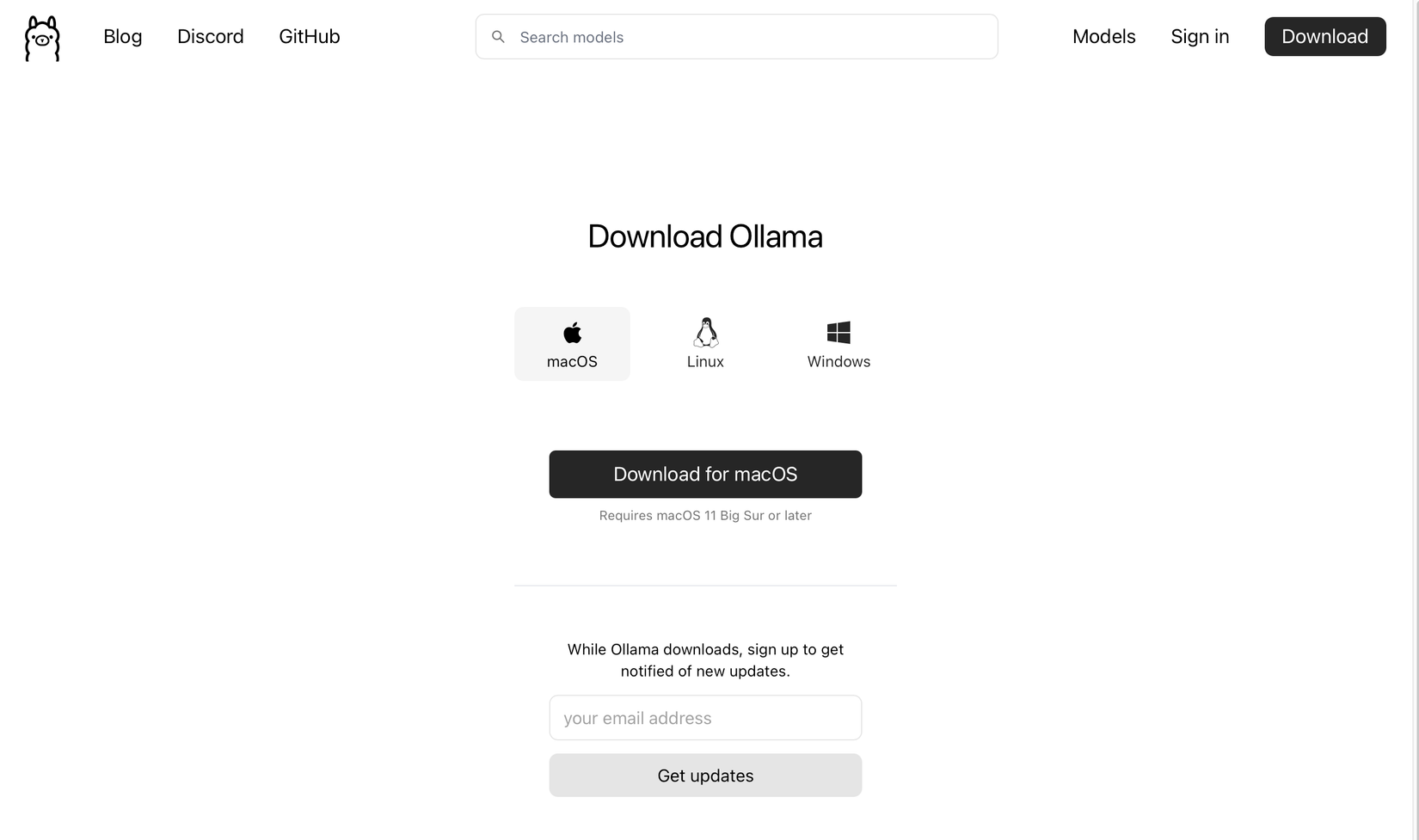 You download and install Ollama on Mac and Windows like any normal application.