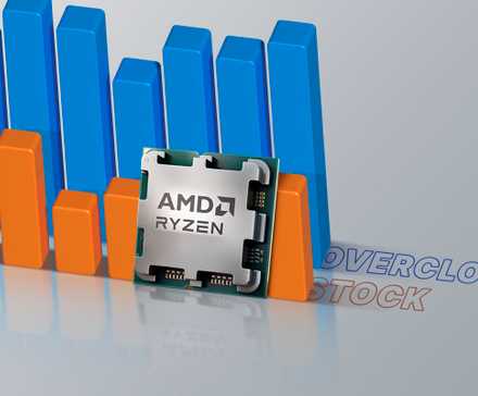A CPU with a graph showing performance with overclock and another showing performance with stock settings.