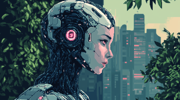 A female humanoid robot looking around her environment and becoming self-aware.