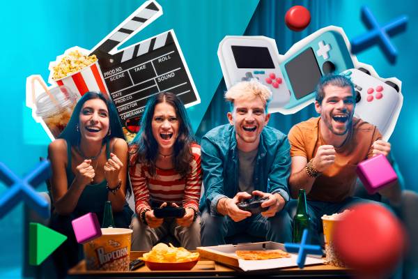 A group of friends playing video games, with some cinema-related objects on the left and some video game-related objects on the right in the background.