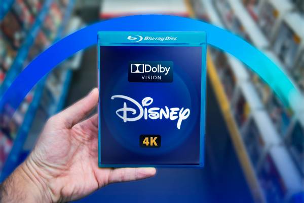 A hand holding a Blu-ray box with the Disney logo, indicating that the Blu-ray is 4K and supports Dolby Vision.