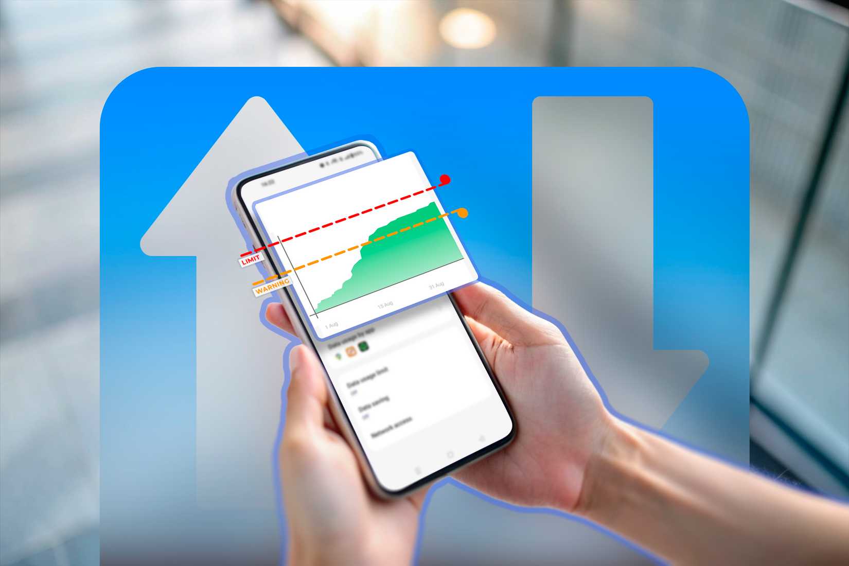 A hand holds a phone with a set data limit.