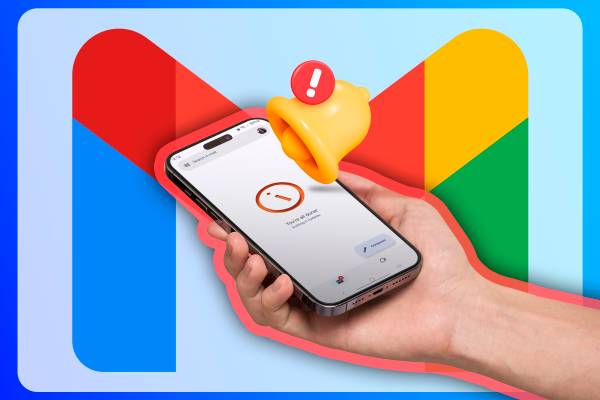 A hand holding a phone with Gmail open, a notification icon with a warning sign, and the Gmail logo in the background.