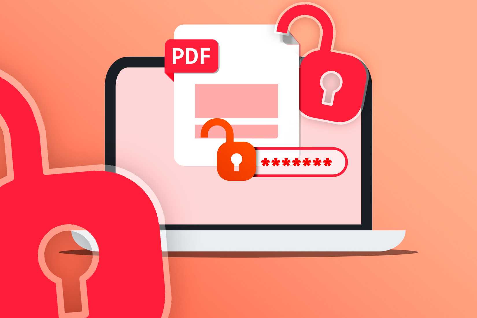 A laptop with a PDF and a password field.