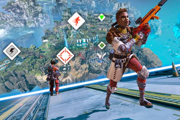 A map and a combat scene in Apex Legends with some pings on the map.