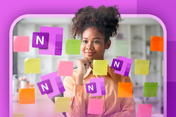 A woman looking at some notes stuck to a glass wall with the OneNote logo.