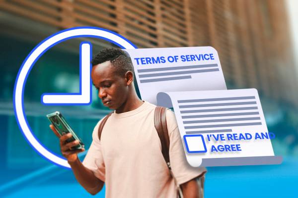 A young man using his phone with a terms of service document on his right and a clock icon on his left.