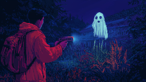 AI-generated 90s vibrant pixel art of a ghost hunter scanning for a ghost with a gadget in hand