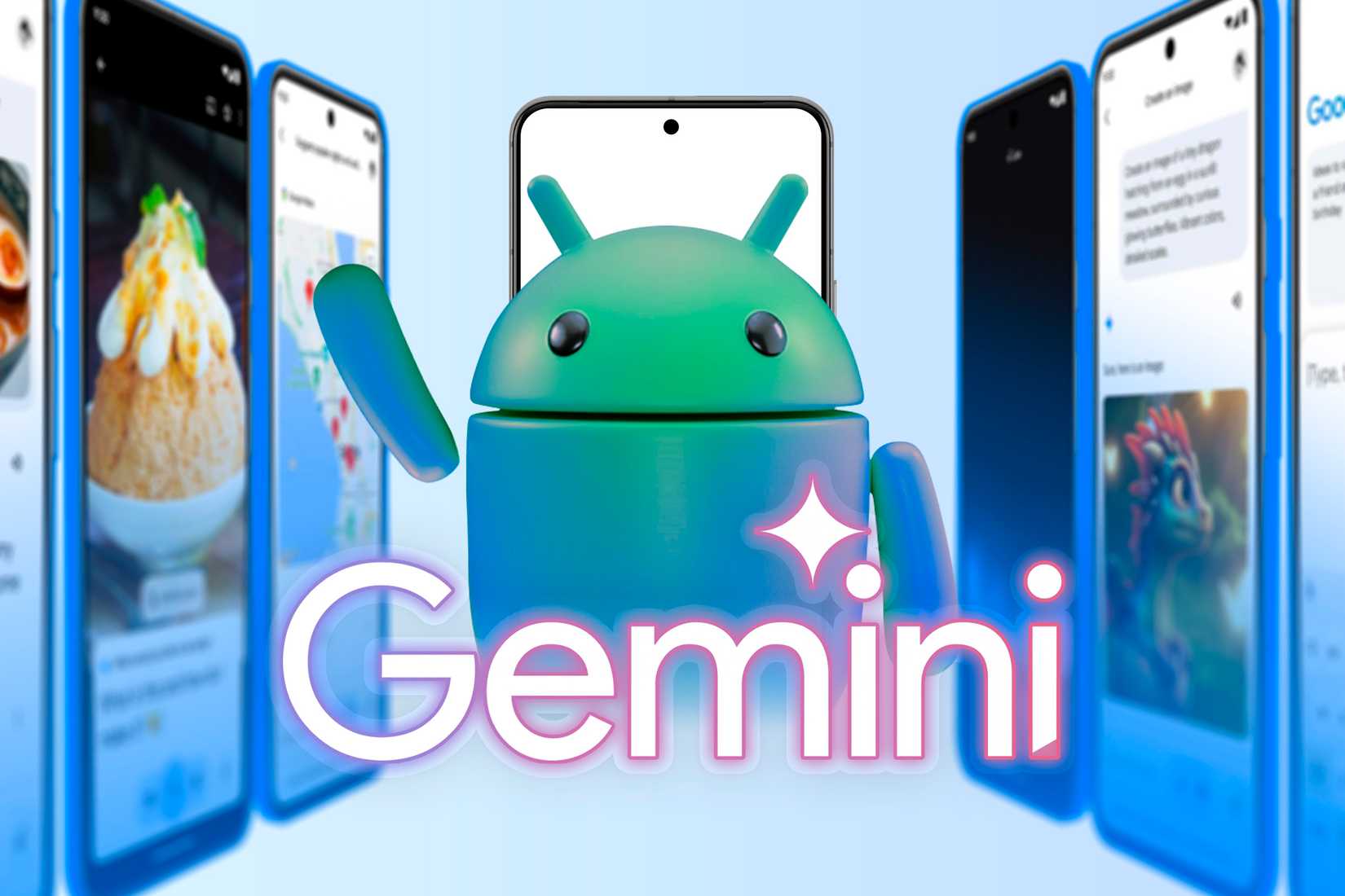 Mascote do Android com o logotipo Gemini e algumas capturas de tela ao lado.
