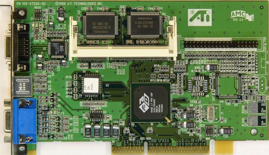 The ATI Rage LT Pro AGP graphics card with visible SGRAM slot.