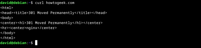 Curl buscando HTML em howtogeek.com no terminal Linux.