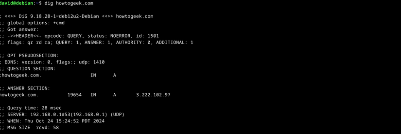 Saída do comando dig de howtogeek.com no terminal Linux.