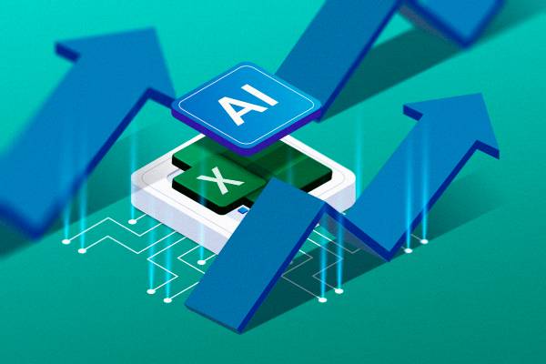 Excel logo on a chip with 'AI' floating above it and some upward arrows indicating improvement.