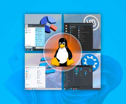 Four Linux distributions with the Linux mascot, Tux, in the center of the screen and the Windows 11 wallpaper in the background.