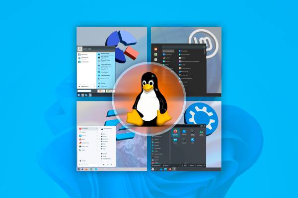 Four Linux distributions with the Linux mascot, Tux, in the center of the screen and the Windows 11 wallpaper in the background.