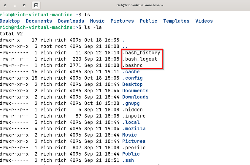 Using the ls -la command to show hidden directories and files.