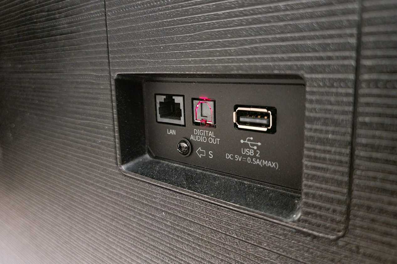 The back of a TV with USB, LAN and optical ports.