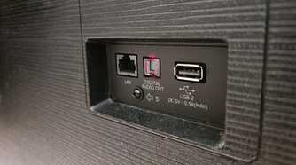The back of a TV with USB, LAN and optical ports.
