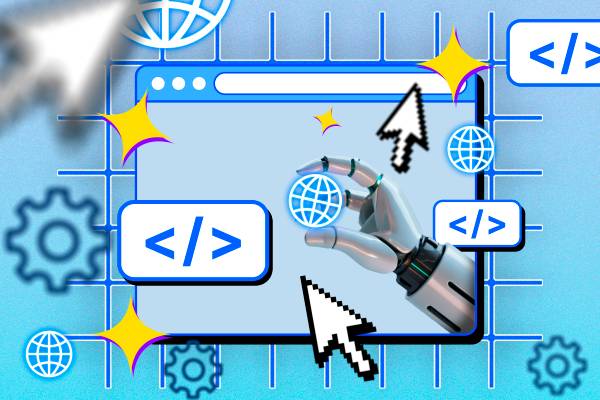 Illustration of a browser with a robot hand holding an internet icon, with some icons around it representing website development.