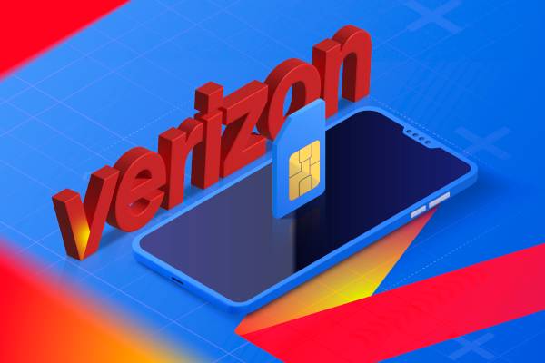 Illustration of a cellphone with a SIM card above the screen and the Verizon logo next to it.