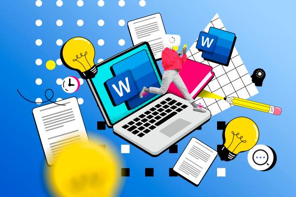 Illustration of a laptop with the Word logo on the screen, surrounded by items related to writing and creativity.