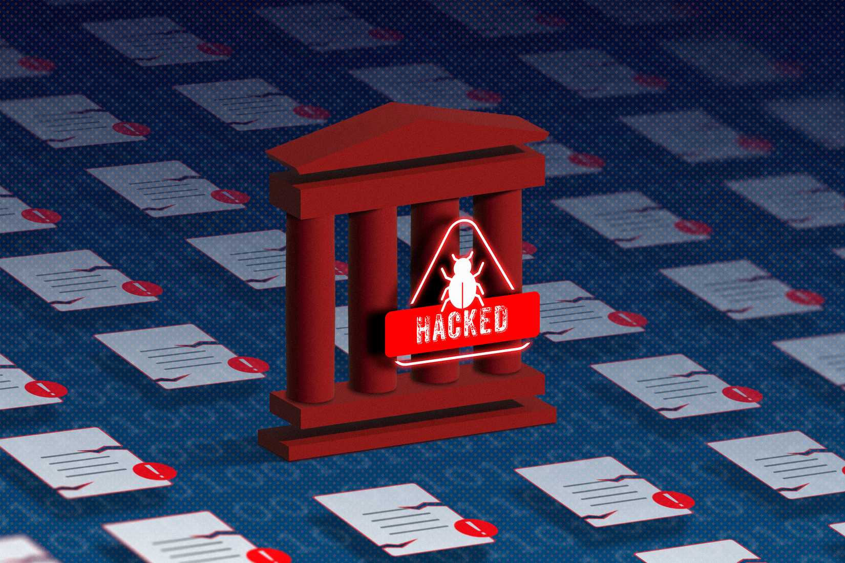 Illustration of the Internet Archive with a hacked icon in front and several corrupted files around it.