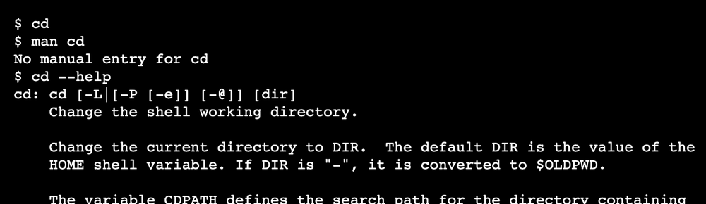 The cd command responds to --help with usage information on the first line