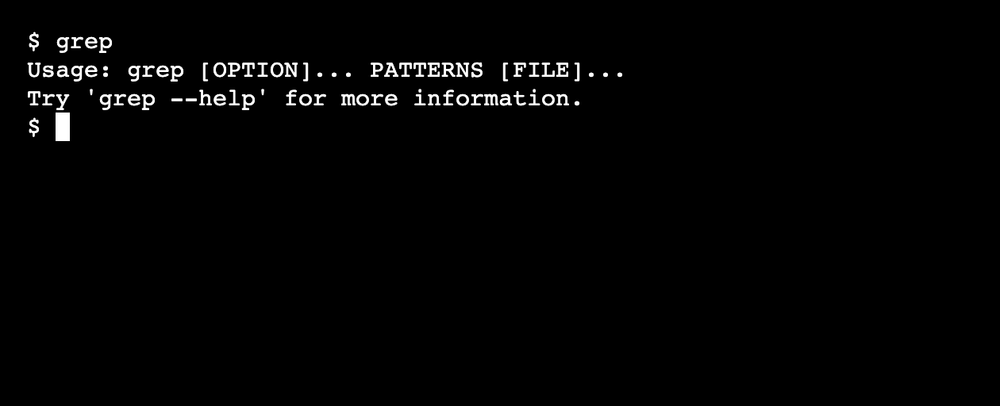 Running grep without arguments displays usage information including required pattern parameter