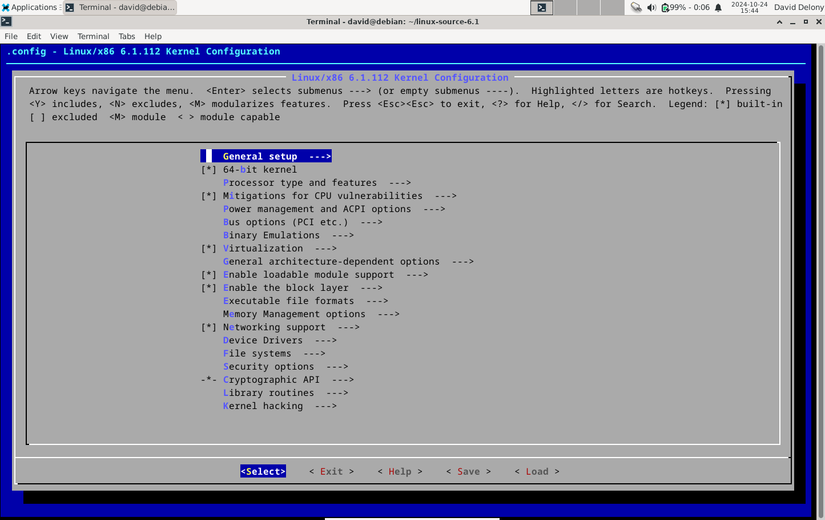 Linux kernel configuration menu in the Linux terminal.