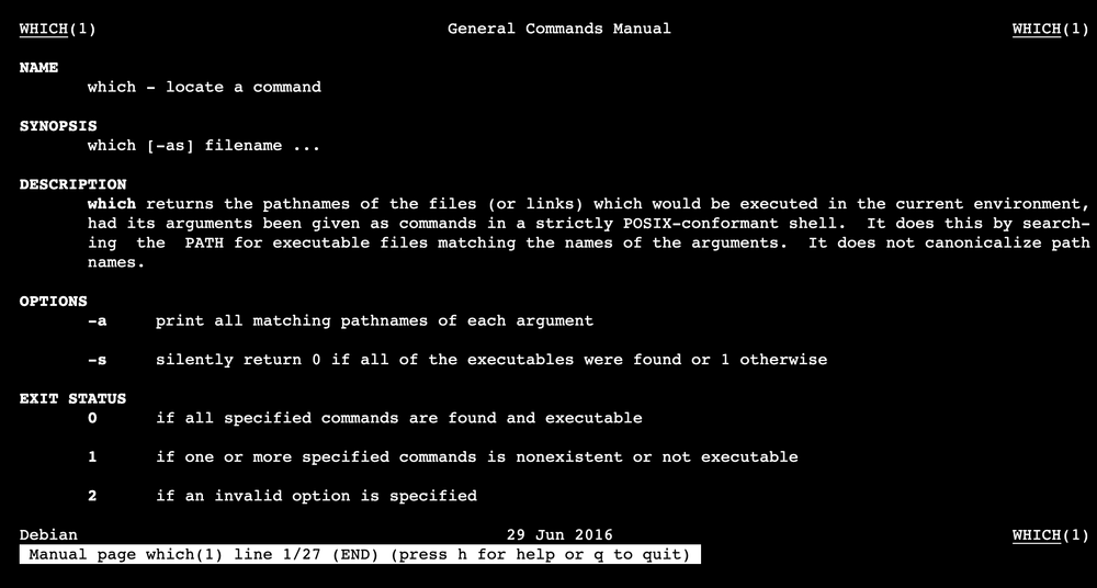 The man page for 'which' shows the SYNOPSIS section with usage syntax
