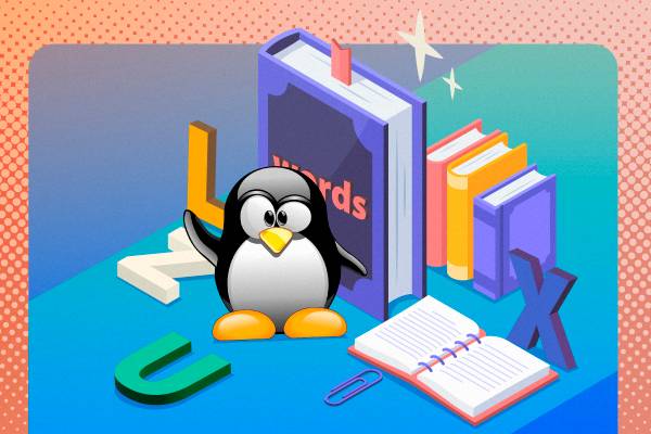 Linux mascot surrounded by books and letters.