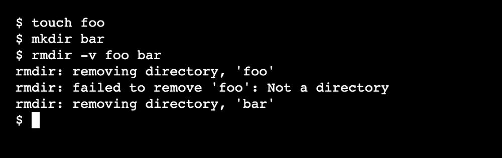 The rmdir command requires a directory name and supports options like -v for verbose output