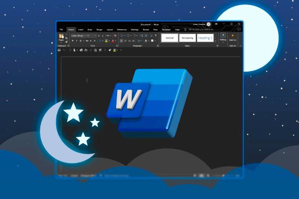 Microsoft Word window in a nighttime setting with the Word logo in the center.