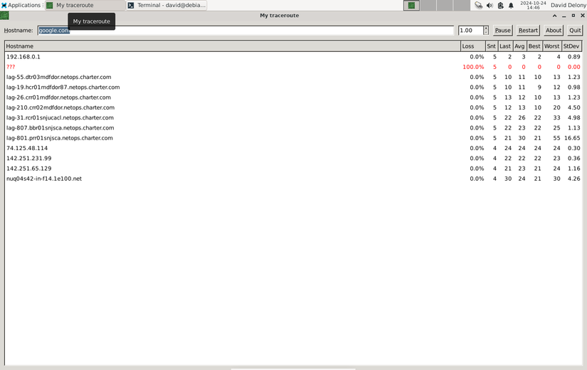 Janela GUI mtr mostrando ping e traceroute combinados de google.com