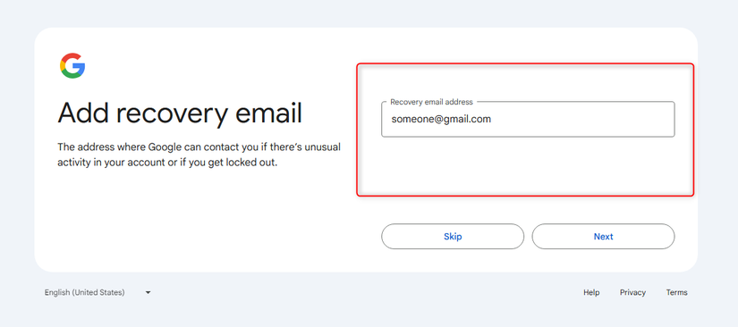 Adding a recovery email in Google's account creator.
