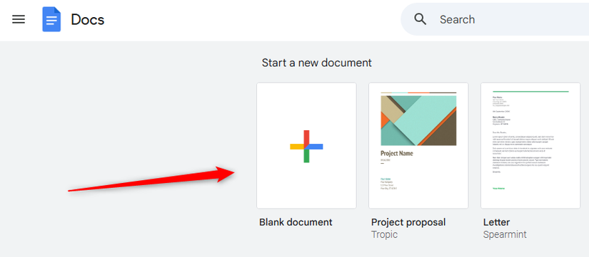 The "Blank Document" option in Google Docs.