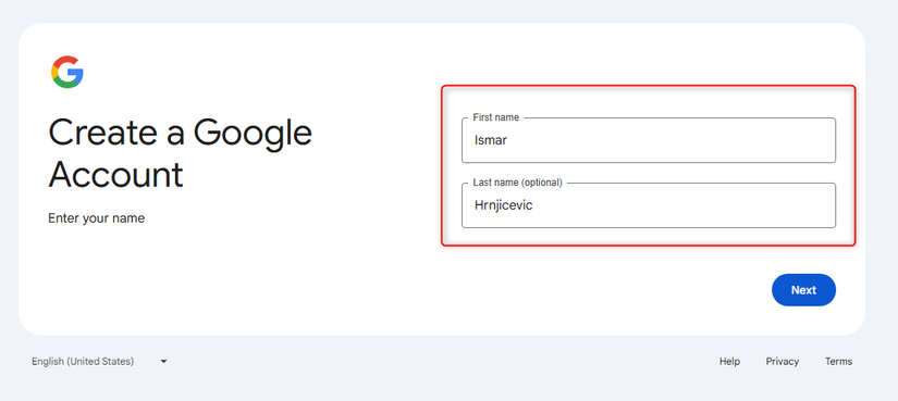 Adding the first and last name on the "Create a Google Account" page.