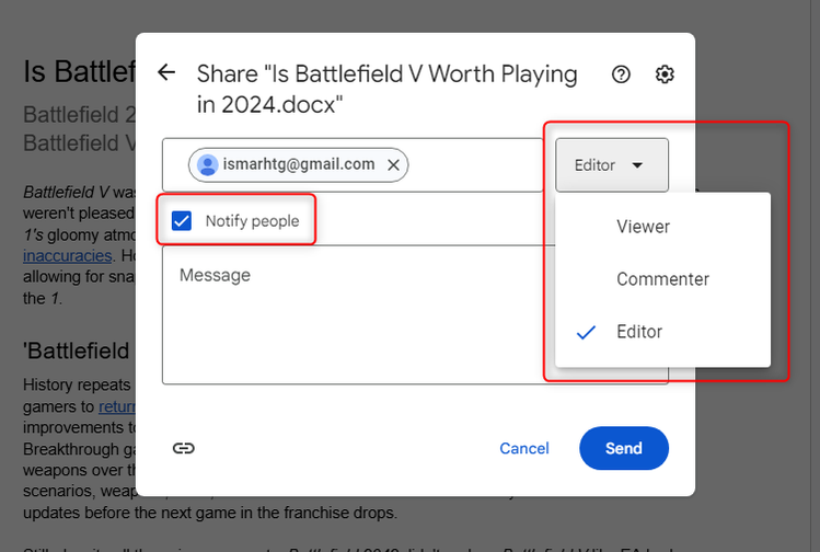 Sharing a document in Google Docs via email.