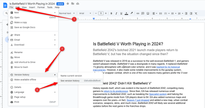 The File drop-down menu opened in Google Docswith the "See Version History" option highlighted.