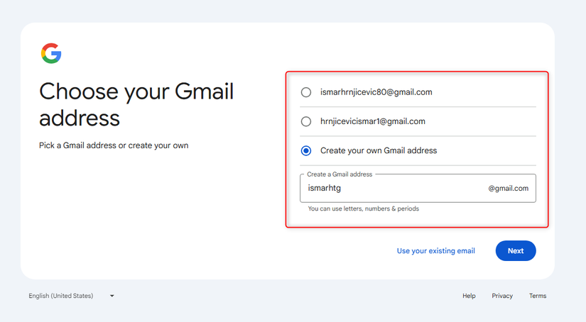 The "Choose your Gmail address" screen.